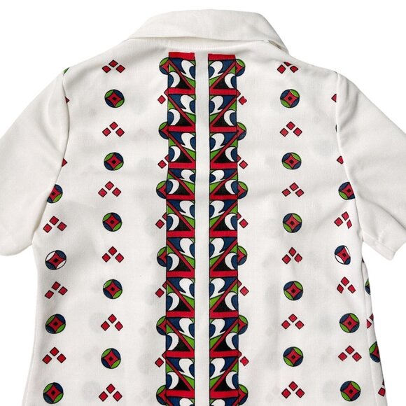 70s vintage abstract pattern blouse short sleeve pointed collar geometric print. - Picture 4 of 6